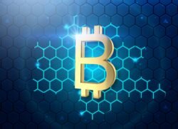 a golden bitcoin on a blue hexagonal background