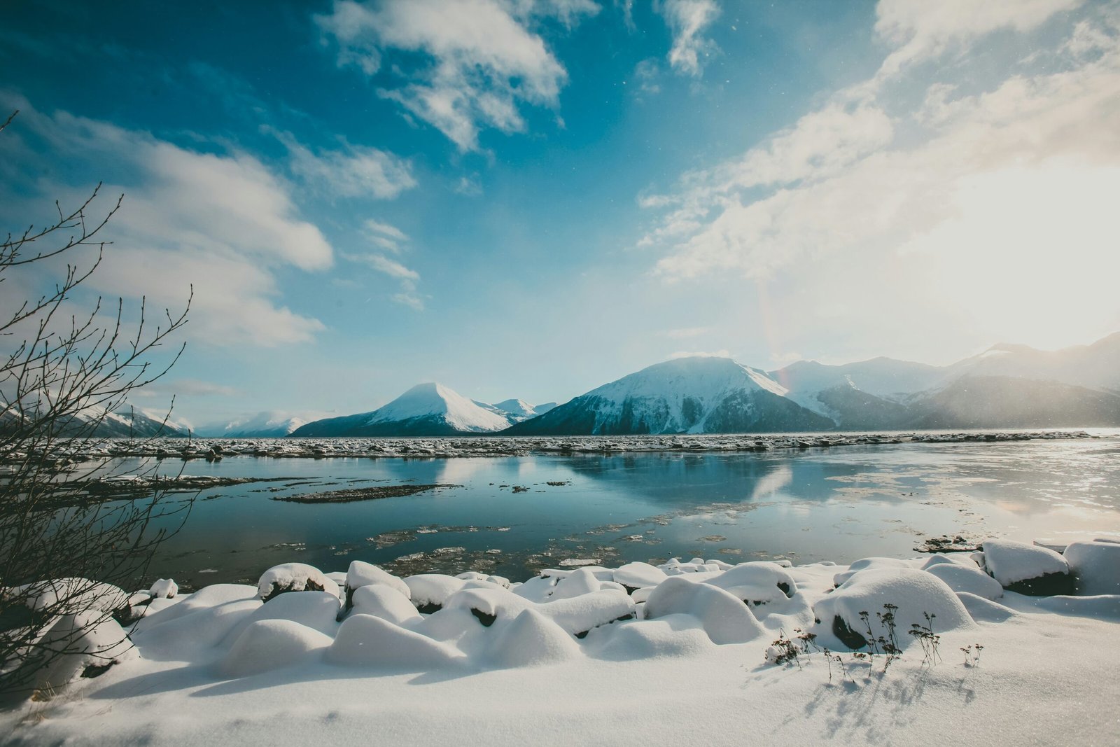 snow covered mountain reflections at daytime